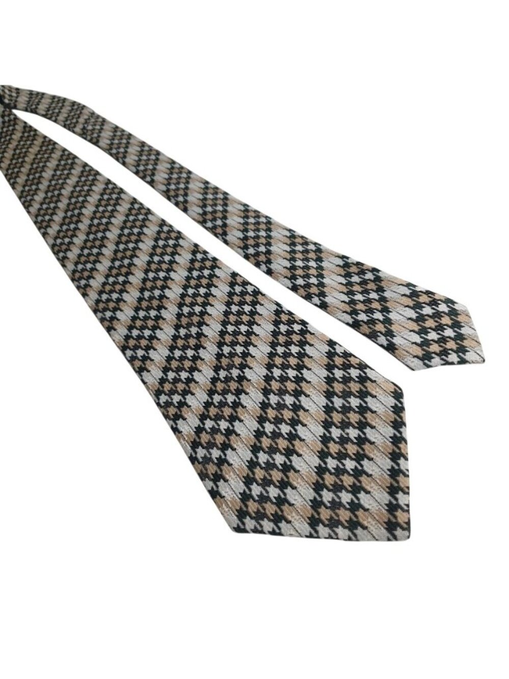 Vintage Knit John Blair Mens Tie Woven Hand Washable Beige Green White Polyester